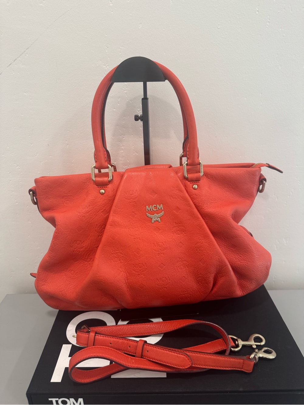 MCM Coral-orange Leather Shoulder Bag with Detachable Strap